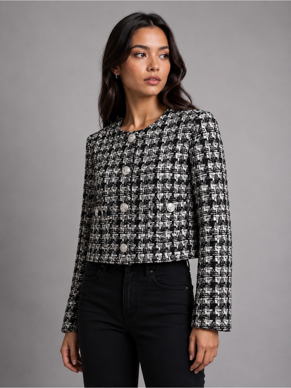 H&M Black & White Plaid Bouclé Jacket – Size M | Silver Button Detail - Picture 3 of 14